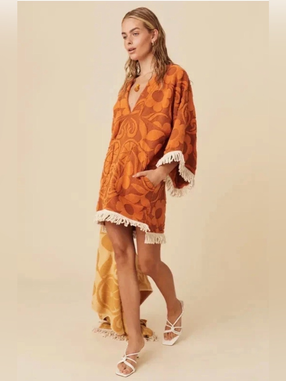 Free People Orange Fringe Terry Mini Dress